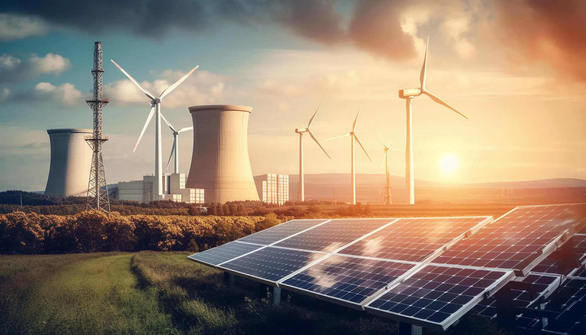 Renewable energy and power generation — wind turbines, solar panels and cooling towers